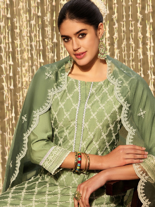 Indo Era Green Embroidered Straight Kurta Trousers With Dupatta set