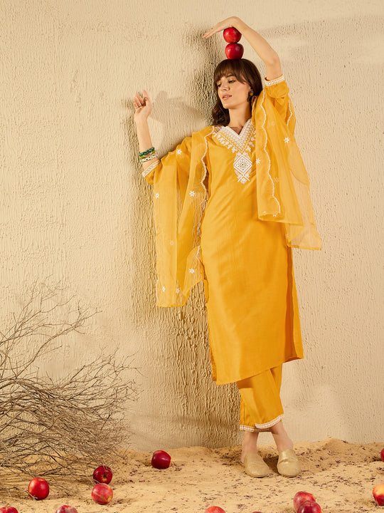 Indo Era Yellow Embroidered Straight Kurta Trousers With Dupatta set