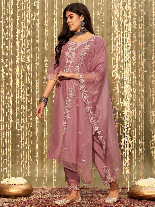 Mauve Embroidered Straight Kurta Trousers With Dupatta set