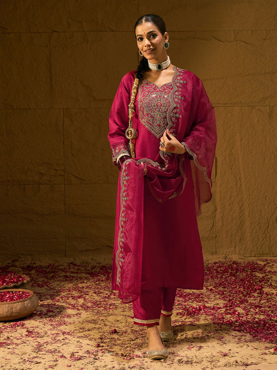 Indo Era Maroon Embroidered Straight Kurta Trousers With Dupatta set