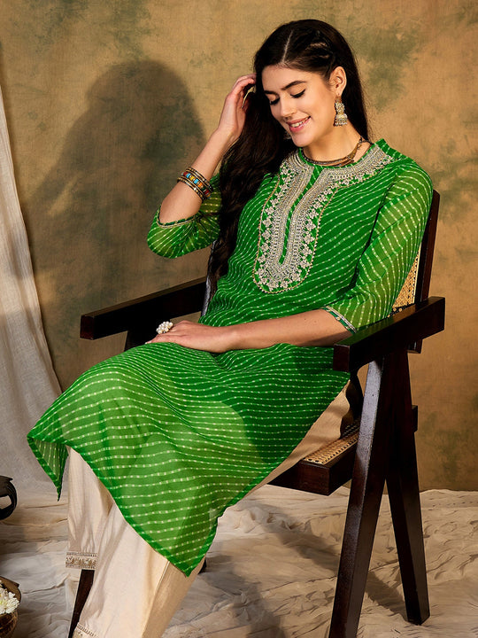 Indo Era Green Printed Straight Kurtas