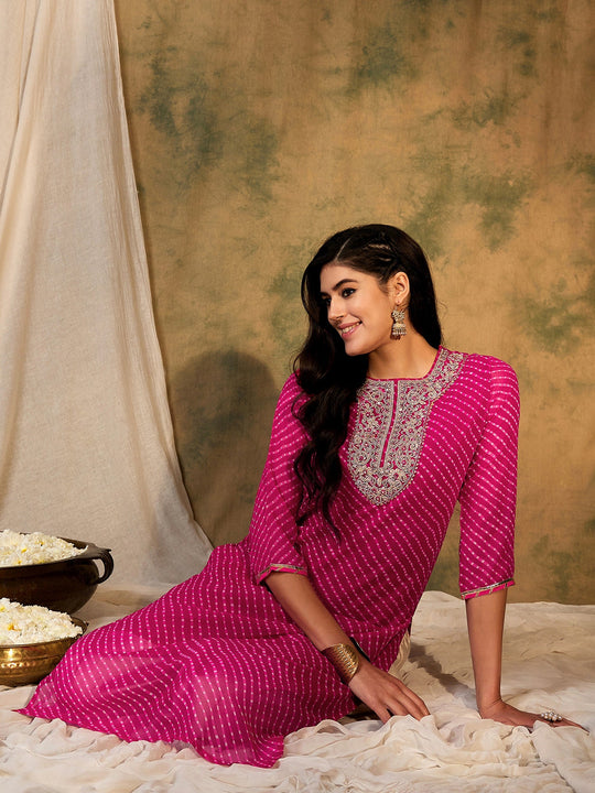 Indo Era Pink Printed Straight Kurtas