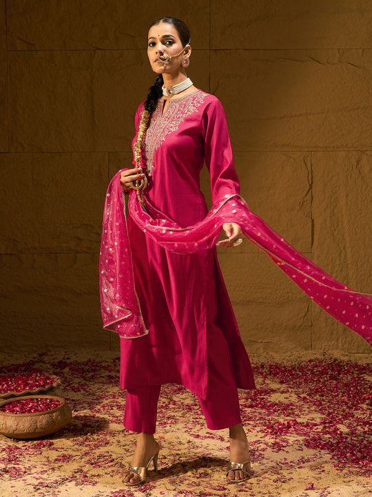Indo Era Pink Embroidered Straight Kurta Trousers With Dupatta set