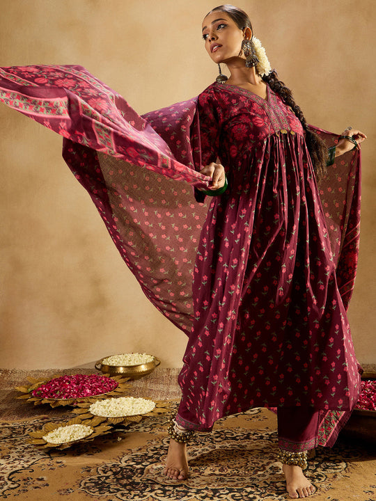 Indo Era Burgundy Printed A-Line Kurta Trousers With Dupatta set