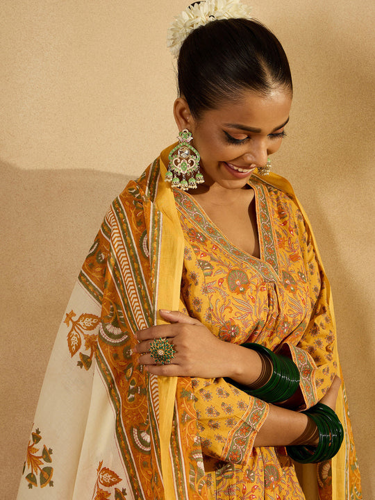 Indo Era Yellow Printed A-Line Kurta Trousers With Dupatta set