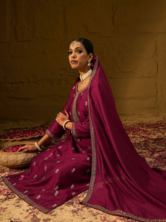 Indo Era Maroon Embroidered Straight Kurta Trousers With Dupatta set