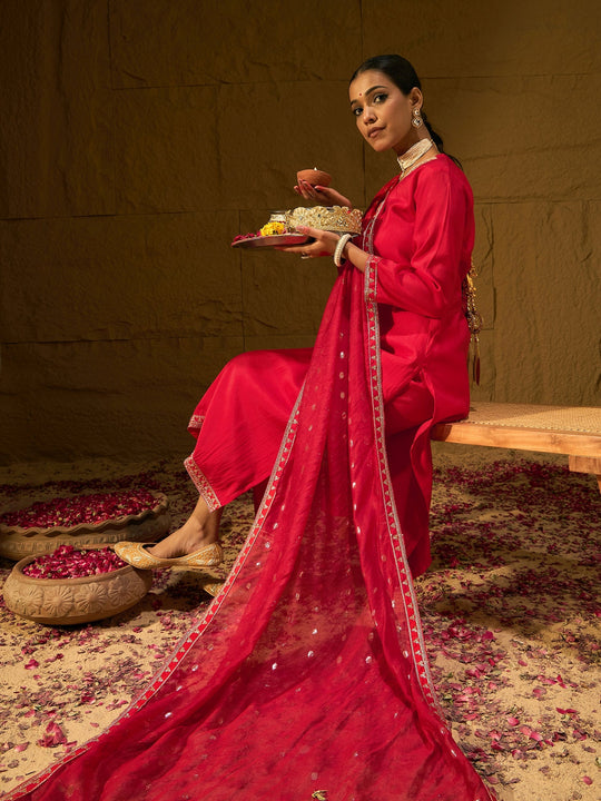 Indo Era Red Embroidered Straight Kurta Trousers With Dupatta set