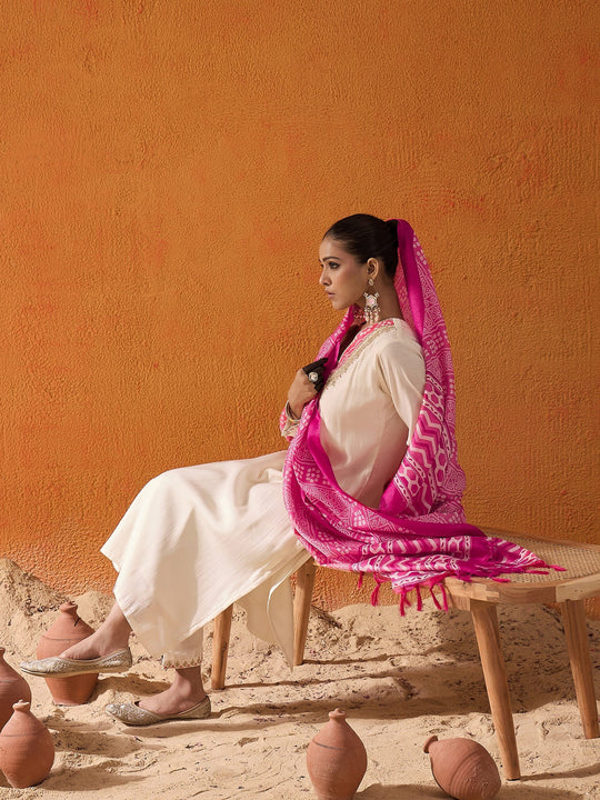 Indo Era Cream Embroidered Straight Kurta Trousers With Dupatta set