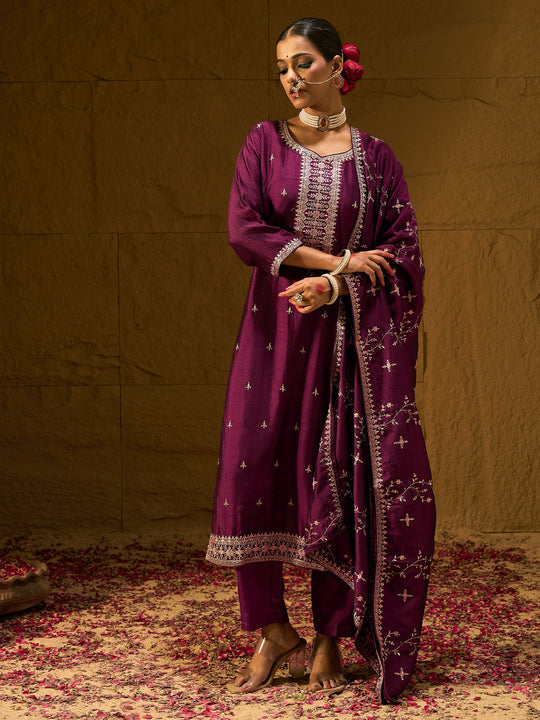 Indo Era Burgundy Embroidered Straight Kurta Trousers With Dupatta set