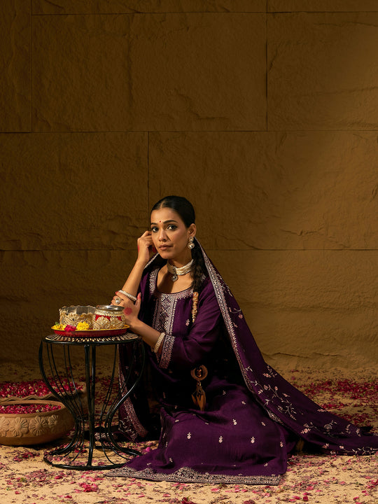 Indo Era Purple Embroidered Straight Kurta Trousers With Dupatta set
