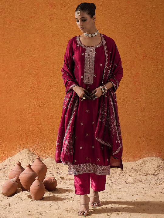 Maroon Embroidered Straight Kurta Trousers With Dupatta