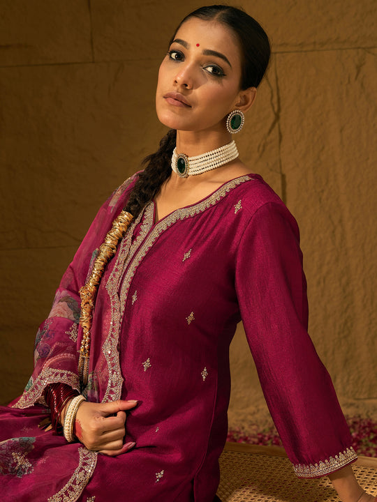 Maroon Embroidered Straight Kurta Trousers With Dupatta