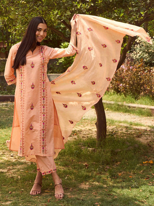 Indo Era Peach Embroidered Straight Kurta Trousers With Dupatta set