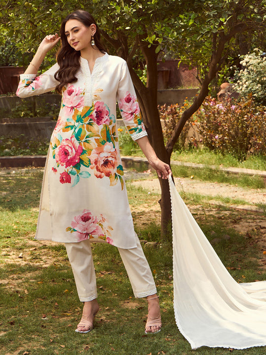 Indo Era Off White Printed Straight Kurta Trousers With Dupatta set
