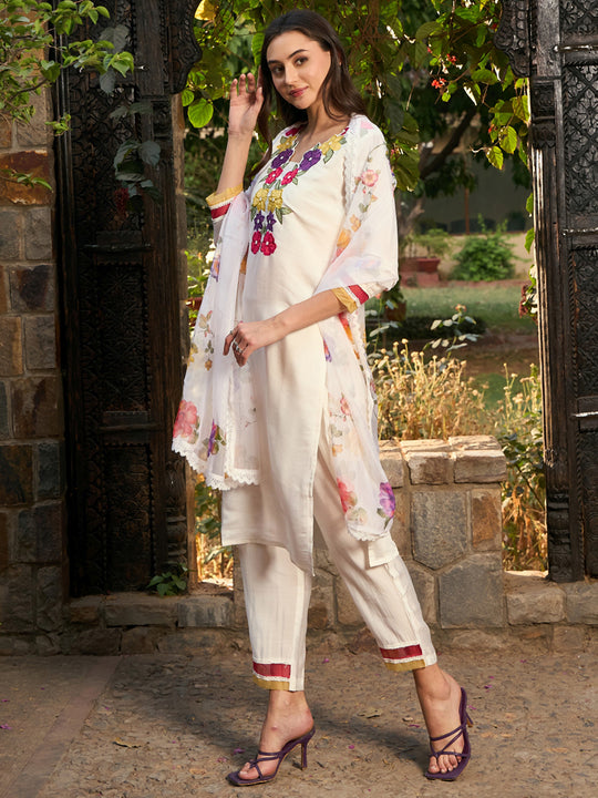 Indo Era Off White Embroidered Straight Kurta Trousers With Dupatta set