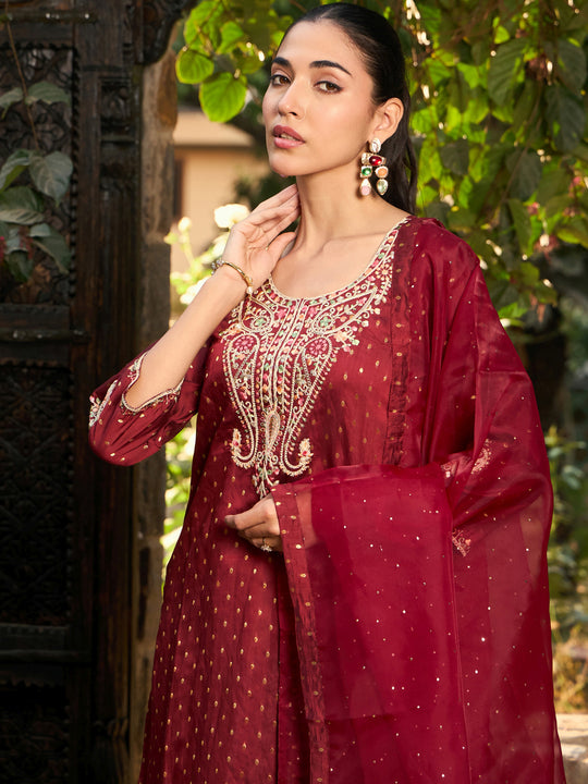 Indo Era Maroon Embroidered Straight Kurta Trousers With Dupatta Set