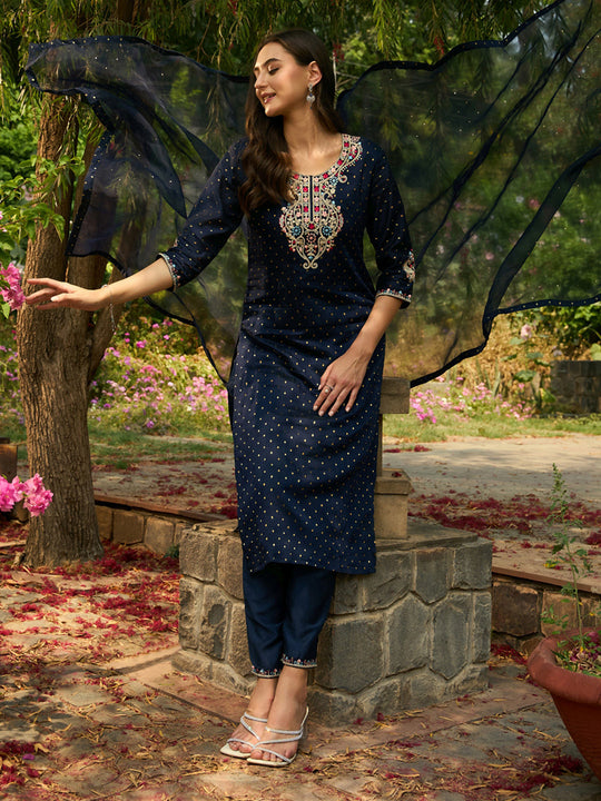Indo Era Blue Embroidered Straight Kurta Trousers With Dupatta Set