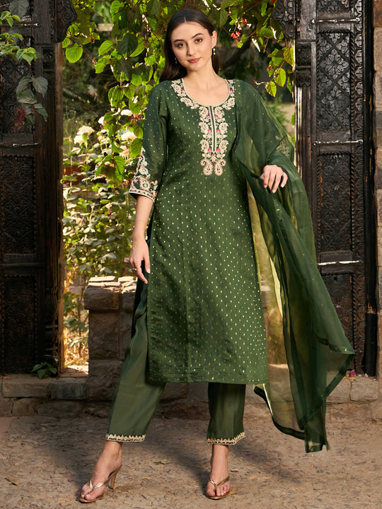 Indo Era Green Embroidered Straight Kurta Trousers With Dupatta Set