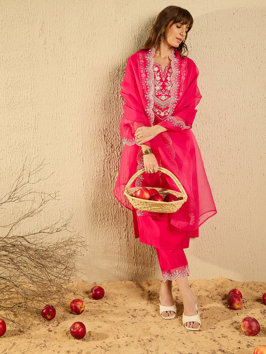 Indo Era Pink Embroidered Straight Kurta Trousers With Dupatta Set