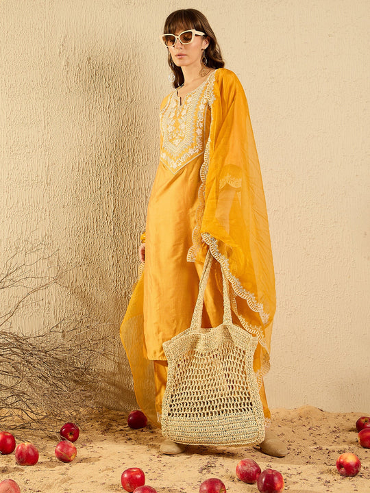 Indo Era Mustard Embroidered Straight Kurta Trousers With Dupatta Set