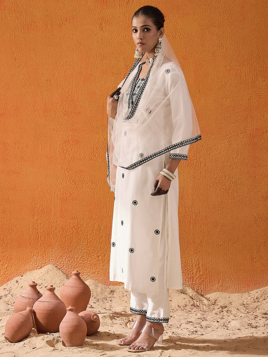 Indo Era White Embroidered Straight Kurta Trousers With Dupatta Set