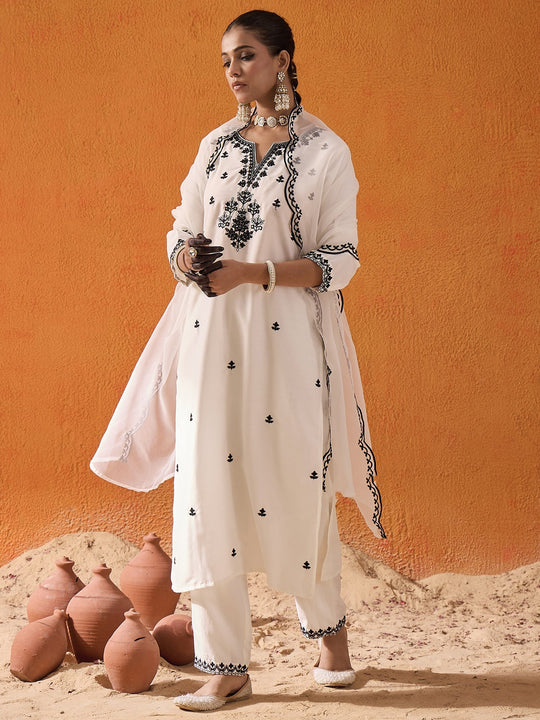 Indo Era White Embroidered Straight Kurta Trousers With Dupatta Set