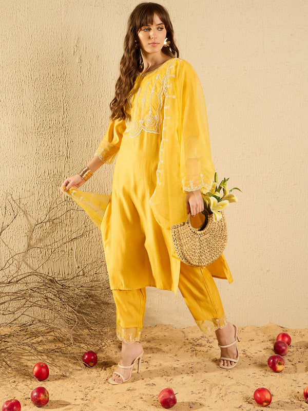 Yellow Kurta Sets  For women,indo era, indoera, kurta set for women, women kurta set, women suit, summer wear for women, festive suit for women, mother's day outfit, dress for mother, mother's day special, kurta set for women, kurta for women, kurta trouser and dupatta
