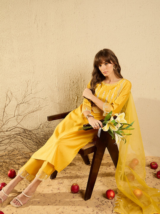 Indo Era Yellow Embroidered Straight Kurta Trousers With Dupatta Set