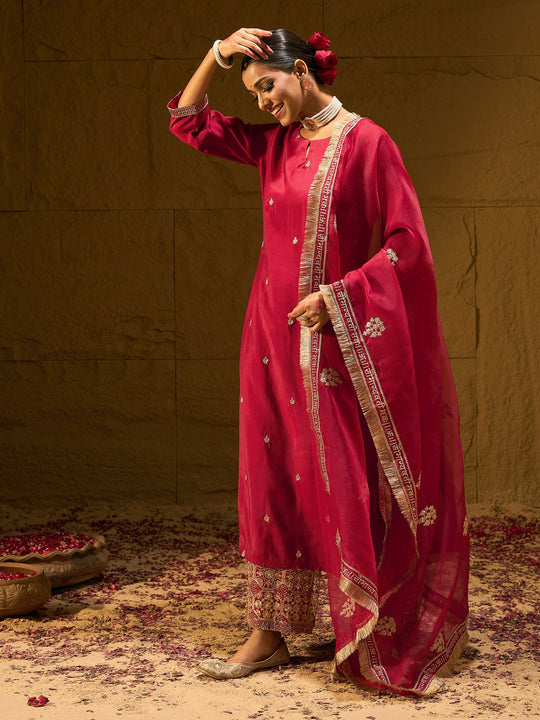 Indo Era Red Embroidered Straight Kurta Trousers With Dupatta Set