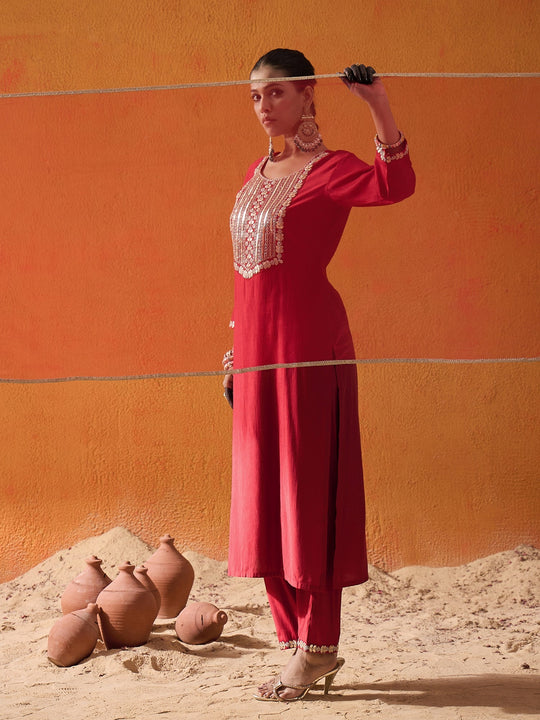 Indo Era Red Embroidered Straight Kurta Trousers With Dupatta set