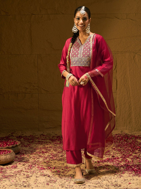 Indo Era Red Embroidered Straight Kurta Trousers With Dupatta Set