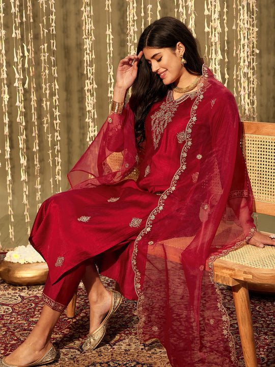 Red Embroidered Straight Suit Set With Dupatta