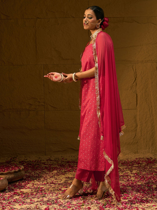 Red Woven Design Straight Kurta Trousers With Dupatta