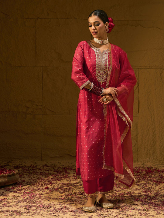 Indo Era Red Embroidered Straight Kurta Trousers With Dupatta set