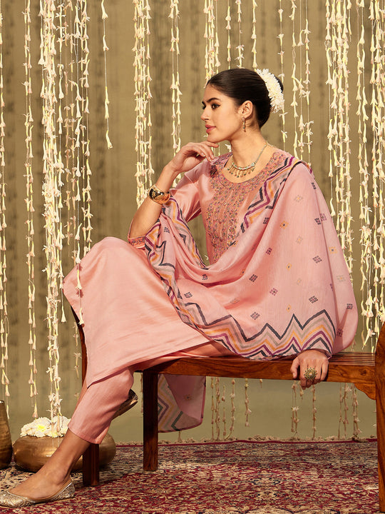 Indo Era Pink Embroidered Straight Kurta Trousers With Dupatta Set