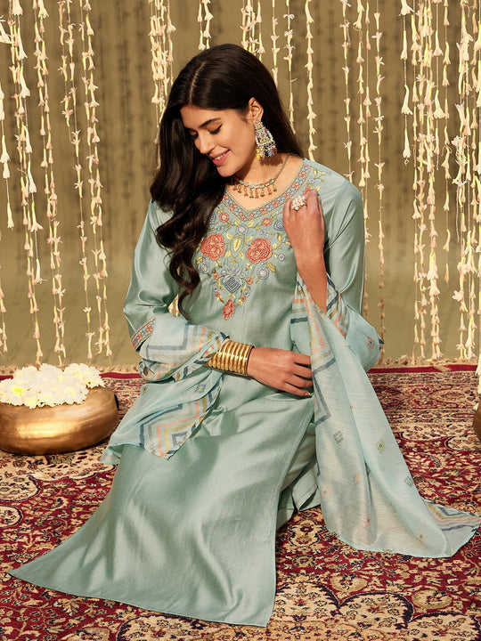 Indo Era Sea Green Embroidered Straight Kurta Trousers With Dupatta Set