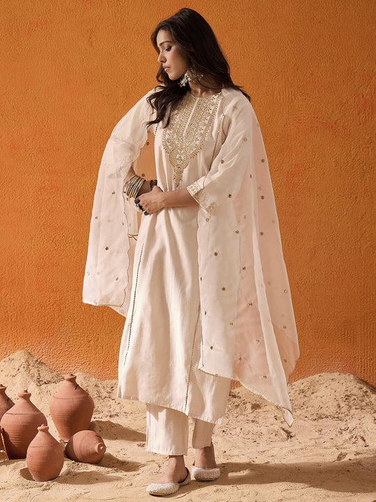Indo Era Off White Embroidered Straight Kurta Trousers With Dupatta set