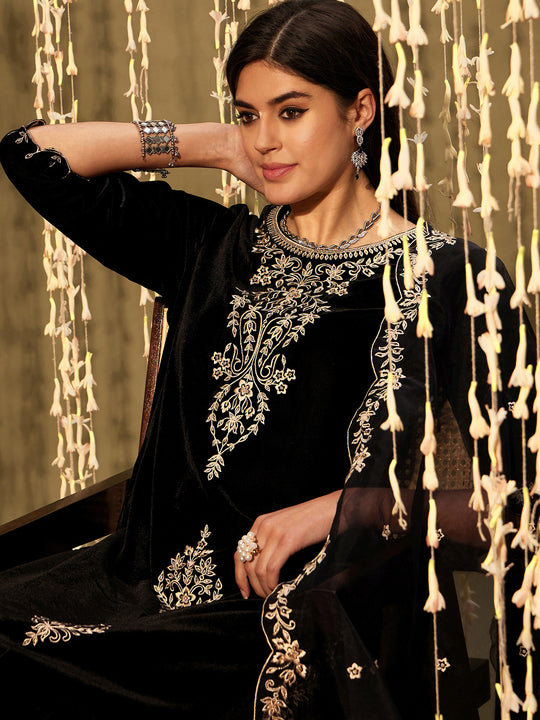 Indo Era Black Embroidered Straight Kurta Trousers With Dupatta Set