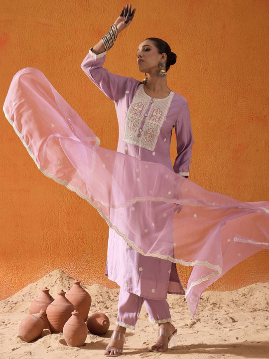 Indo Era Lavender Embroidered Straight Kurta Trousers With Dupatta Set