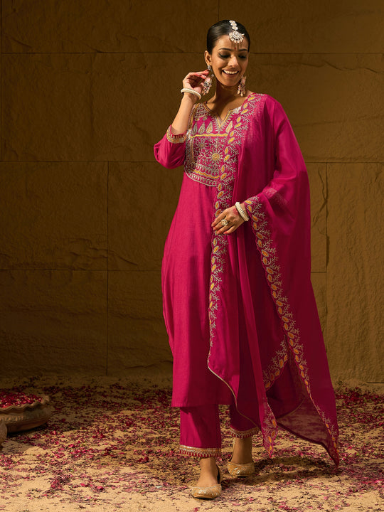 Indo Era Magenta Embroidered Straight Kurta Trousers With Dupatta set