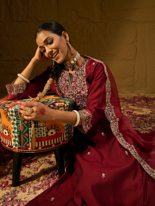 Indo Era Maroon Embroidered Straight Kurta Trousers With Dupatta set