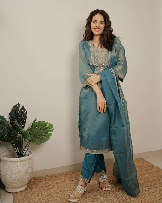 Blue Embroidered Straight Kurta Trousers With Dupatta