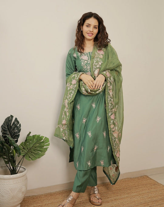 Indo Era Green Embroidered Straight Kurta Trousers With Dupatta set