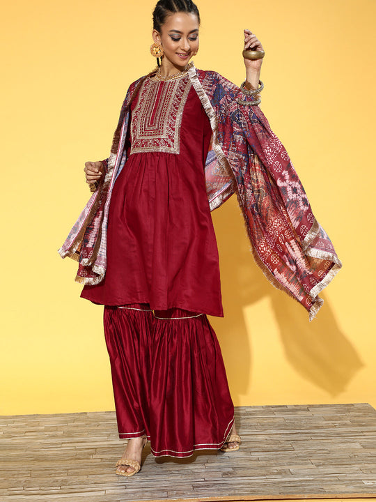 Indo Era Red Tie & Dye A-Line Kurta Sharara With Dupatta Set