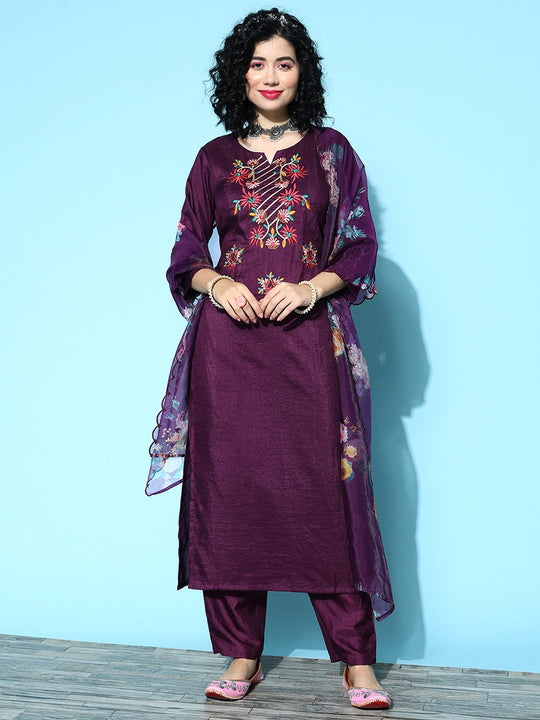 Indo Era Purple Embropidered Straight Kurta Trouser With Dupatta Set
