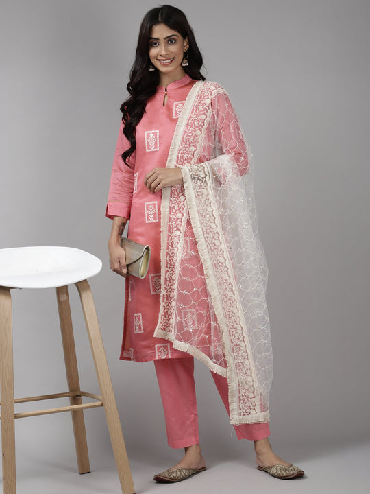 Indo Era Pink Embroidered Straight Kurta Trouser With Dupatta Set