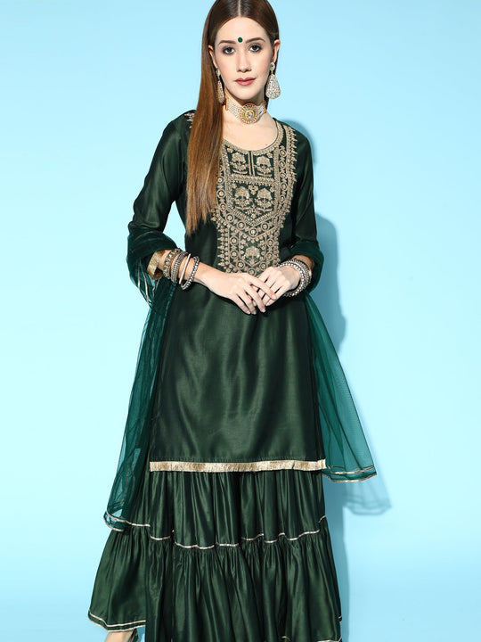 Indo Era Green Embroidered Straight Kurta Sharara With Dupatta Set