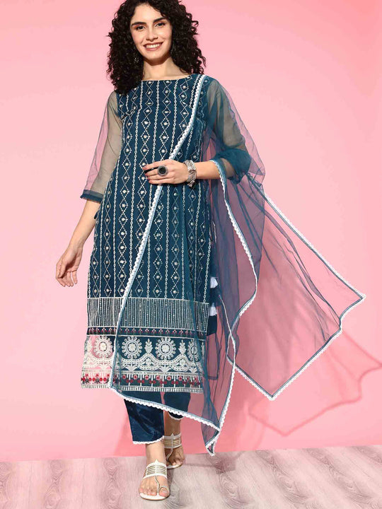 Indo Era Teal Embroidered Straight Kurta Palazzos With Dupatta Set