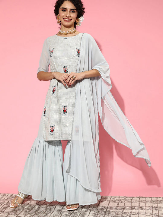 Indo Era White Embroidered Straight Kurta Sharara With Dupatta Set