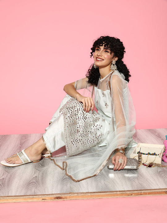 Indo Era White Embroidered Straight Kurta Palazzos With Dupatta Set